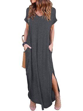 Women's Dark Grey Summer Maxi Long Dress Casual Loose Short Sleeve Split Pockets